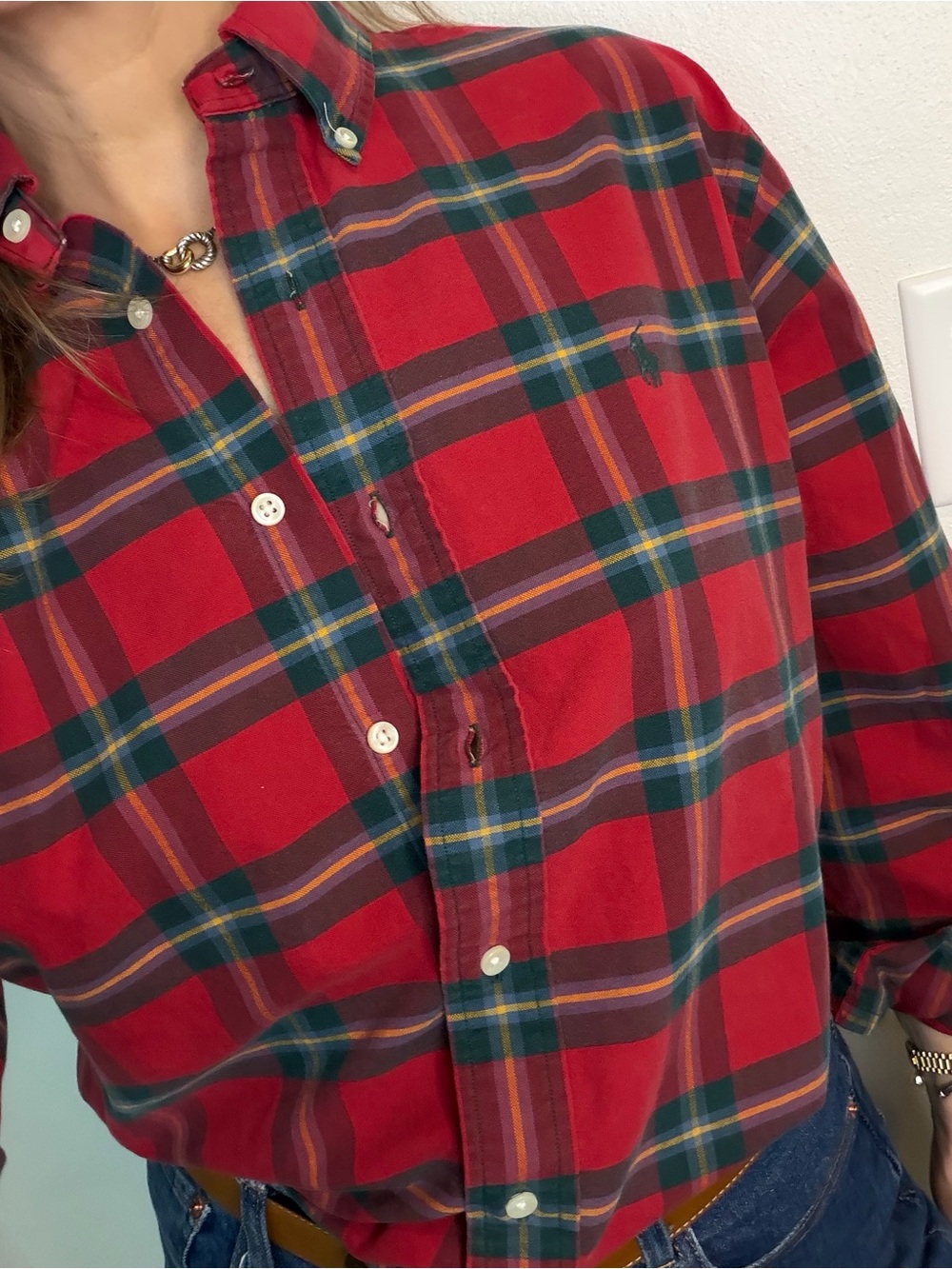 RL Ralph Lauren red green tartan holiday plaid classic button up down L large